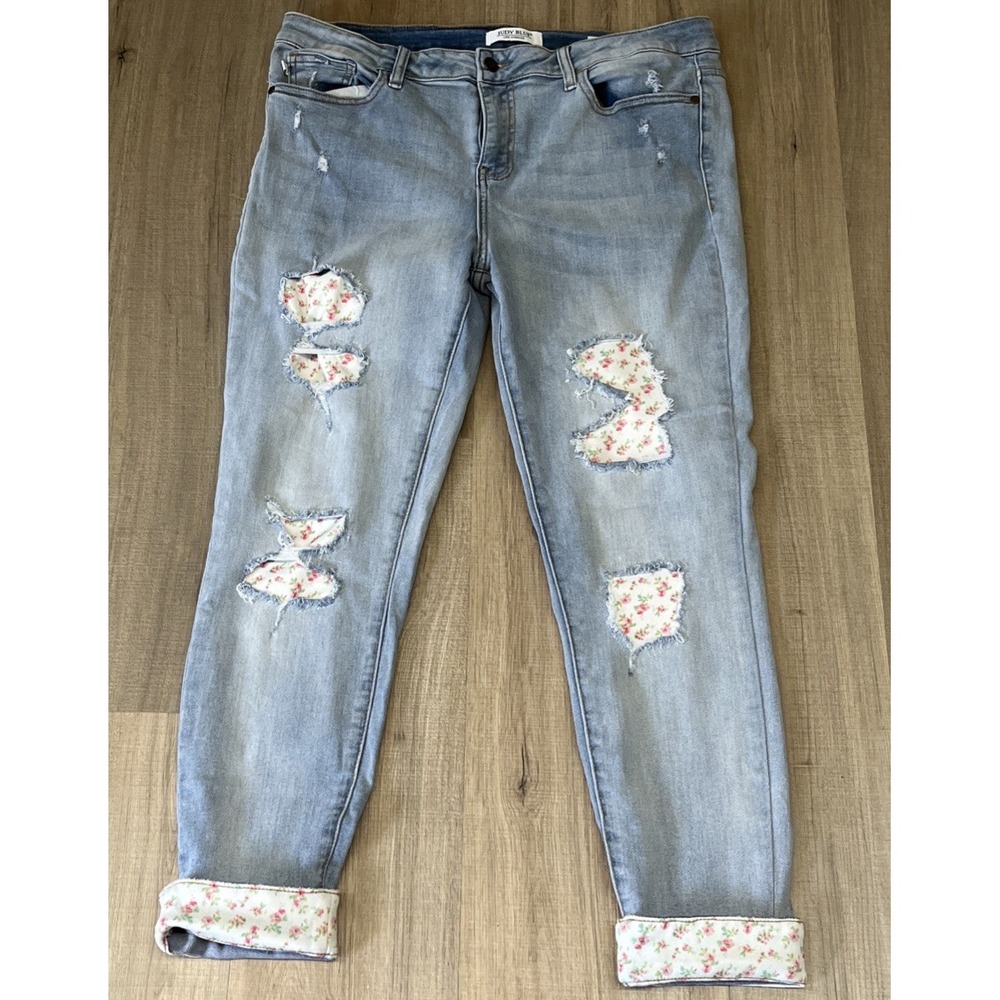 Judy Blue Peek A Bloom Floral Patch Skinny Jean Denim Floral Cuff  15/32 #JB8844